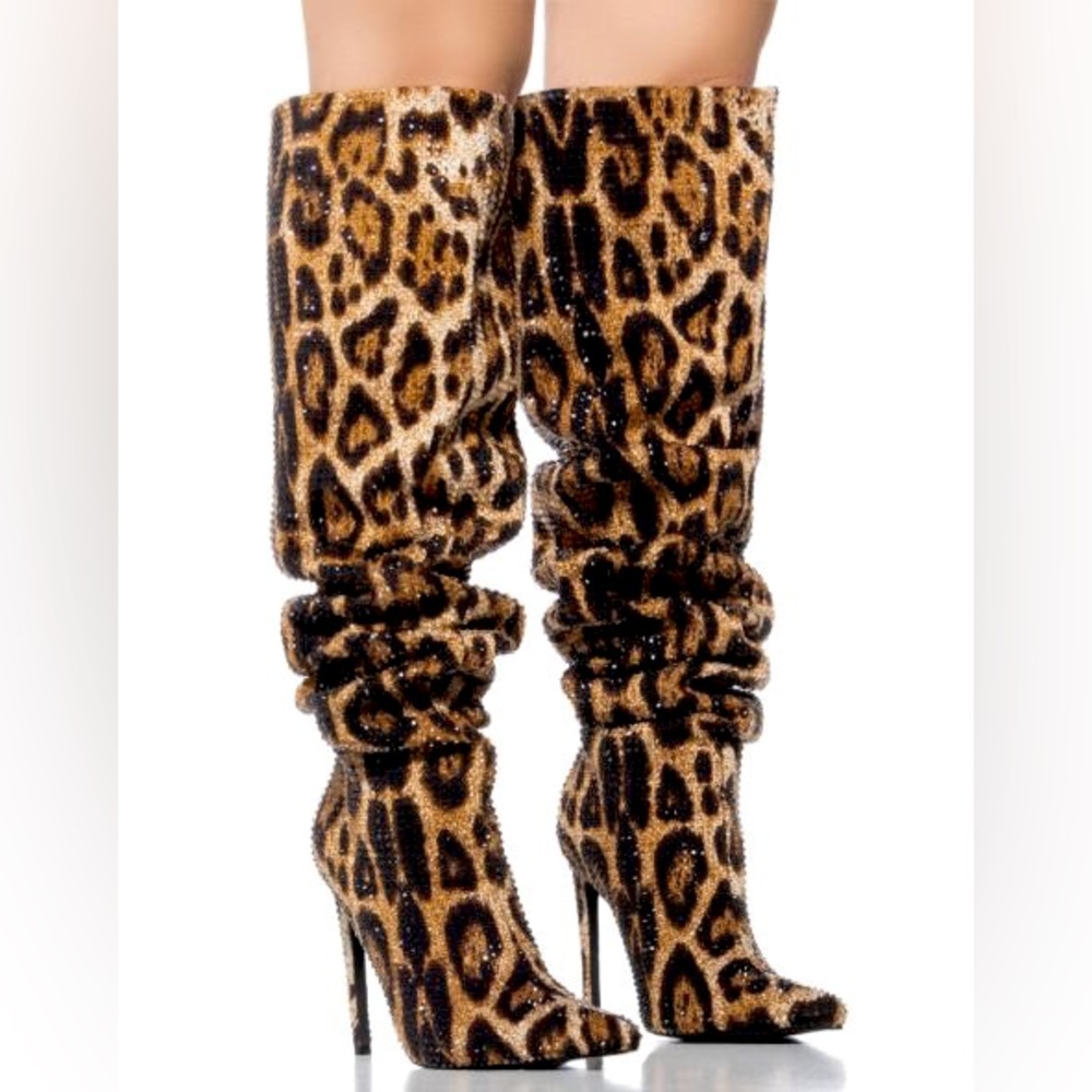 Azalea Wang Leopard Rhinestone Embellished Over The Knee Boots